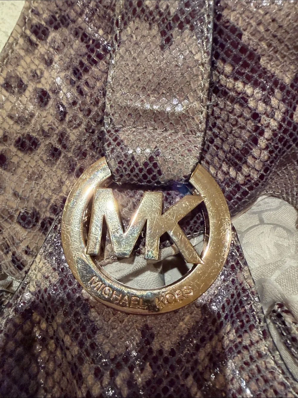 Michael Kors Brown Taupe Snake-Print Shoulder Bag with Gold MK Accent